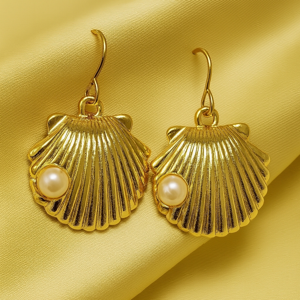 Gold Shell Drop Earrings 1” – Pearl Accent Dangle Statement Jewelry for Women